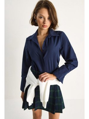 Lacivert Pliseli Pat Geniş Manşet Detaylı Klasik Yaka Gömlek