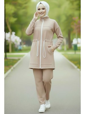 Krem Belde Lastik Detaylı Fermuarlı Cepli Modal İkili Takım