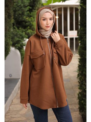 Taba Kapüşonlu Fermuarlı Kaşe Ceket