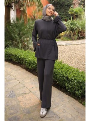 Antrasit Bel Bağlamalı Tunik Pantolonlu Modal Takım