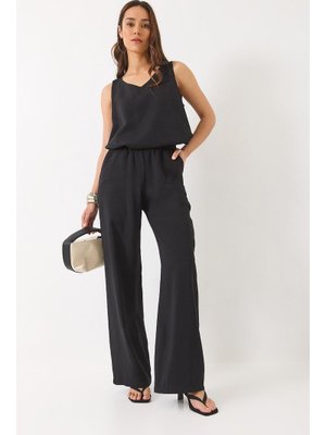 Siyah V Yaka Askılı Bluz Palazzo Pantolonlu Alt Üst Takım