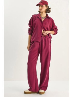 Bordo Modal Tek Cepli Oversize Gömlek Yüksek Bel Bol Pantolon Takım