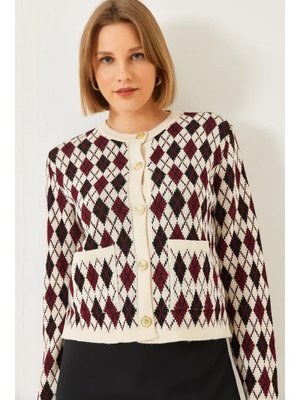 Siyah Baklava Desenli Cepli Triko Hırka Bordo