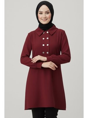 Bordo Düğme Detaylı Modal Tunik