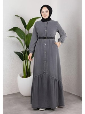 Düğmeli Kuşaklı Denim Koyu Gri Kot Elbise