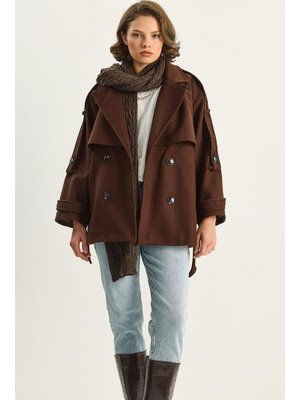 Acı Kahve Apolet Detaylı Astarlı Kuşaklı Cepli Kısa Kaşe Kaban