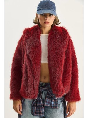 Koyu Kırmızı Premium Suni Kürk Ceket