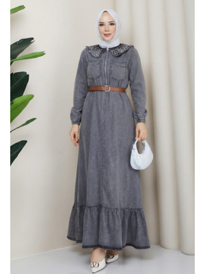 Taş Detaylı Fermuarlı Kemerli Kot Gri Elbise
