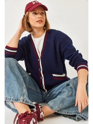 Lacivert Çizgili Selanik Örgülü Triko Hırka