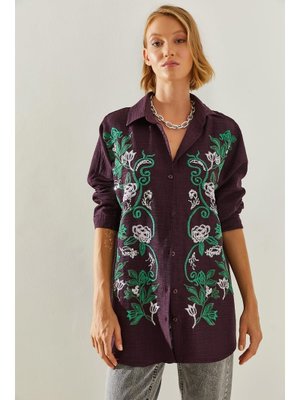 Mor Nakışlı Sofya Keten Gömlek