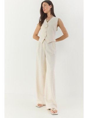 Bej Yüksek Bel Pantolonlu Yelekli Astarlı Alt Üst Takım