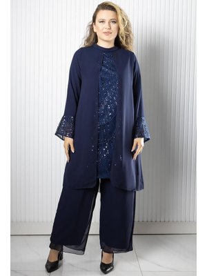 Lacivert Taş Payet İşlemeli Şifon Pantolon Tunik Takım