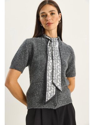 Füme Fular Aksesuarlı Kısa Kollu Triko Hırka