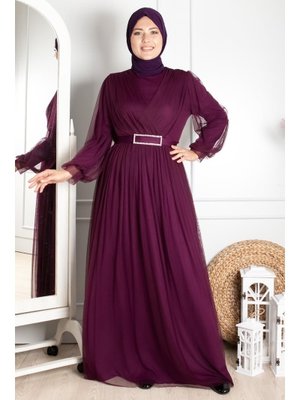 Mürdüm Kemer Detaylı Tül Abiye Elbise