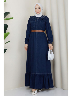 Taş Detaylı Fermuarlı Kemerli Kot Lacivert Elbise