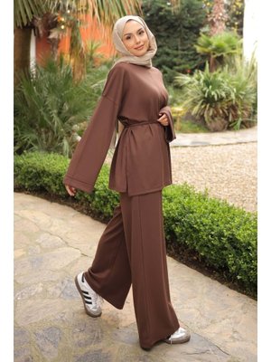 Kahverengi Bel Bağlamalı Tunik Pantolonlu Modal Takım