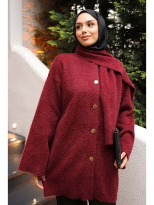 Bordo Atkı Detaylı Angora Yumoş Triko Hırka