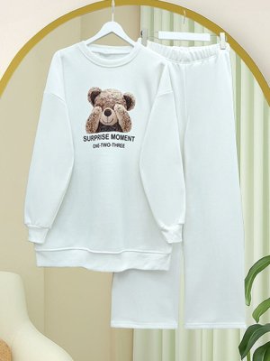 Beyaz Ayıcık Baskılı Şardonlu İplik Sweat Takım