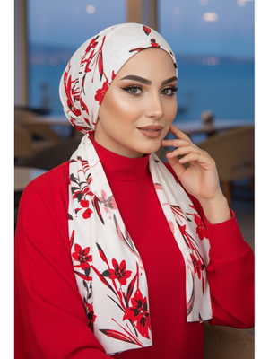 Beyaz Kırmızı Çiçekli Eşarp Bone