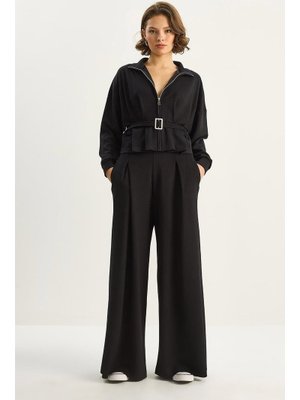 Siyah Beli Kemerli Pileli Hırka Yüksek Bel Bol Pantolon Alt Üst Modal Takım