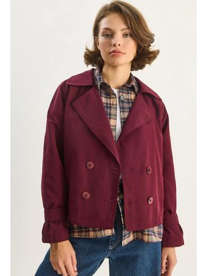 Mürdüm Kruvaz Yake Aller Detaylı Astarlı Kısa Trençkot