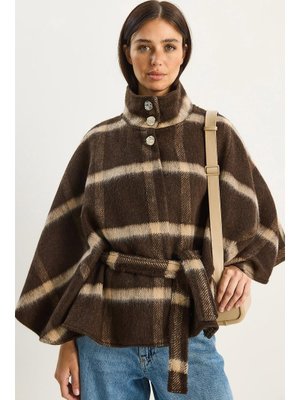 Acı Kahve Ekose Desneli Kuşaklı Düğme Detaylı Kaşe Panço