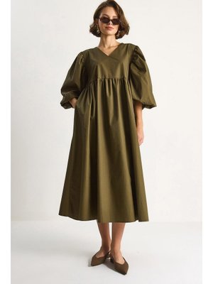 Haki V Yaka Balon Kol Elbise