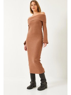 Camel Madonna Yaka İspanyol Kol Fitilli Elbise