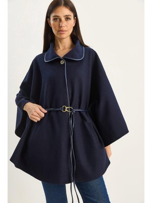 Lacivert Cep Detaylı Suni Deri Kemerli Kaşe Panço