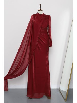 Bordo Önü Büzgülü Abiye Elbise