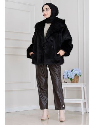 Siyah Şal Yaka Cırt Cırtlı Suni Kürk