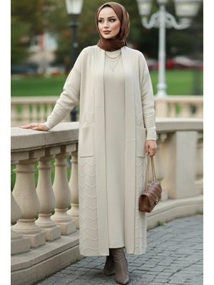 Hırkalı Bej Elbise Triko Takım 70271bej