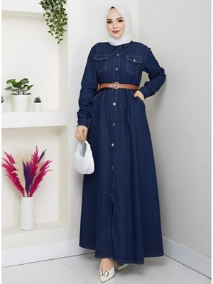 Düğmeli Kemerli Denim Lacivert Kot Elbise