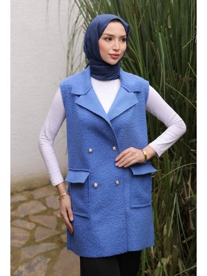 İndigo Kruvaze Yaka Cepli Buklet Yelek