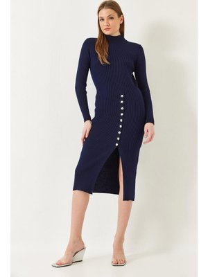 Lacivert Fitilli Düğmeli Triko Elbise