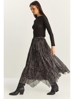 Siyah Şal Desenli Asimetrik Kesim Astarlı Şifon Bohem Etek