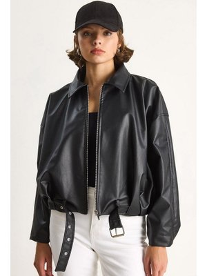 Siyah Oversize Tokalı Deri Ceket