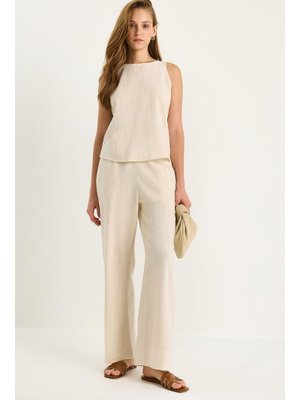 Krem Keten Bluz Pantolon Takım