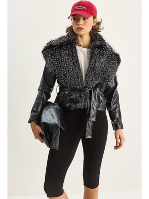 Siyah Kürk Yaka Kuşaklı Astarlı Suni Deri Ceket