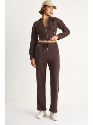 Kahve Fitilli Örme Kumaş Rahat Kalıp Kapüşonlu Fermuarlı Alt Üst Takım