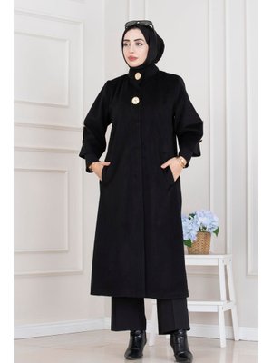 Siyah Hakim Yaka Broş Düğme Detaylı Kaban