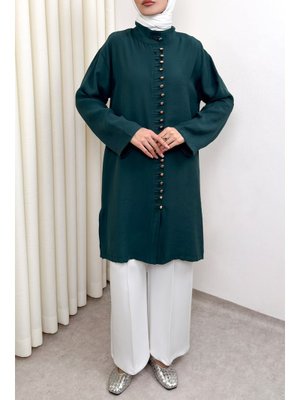Zümrüt Yeşili Hakim Yaka Düğme Detaylı Tunik