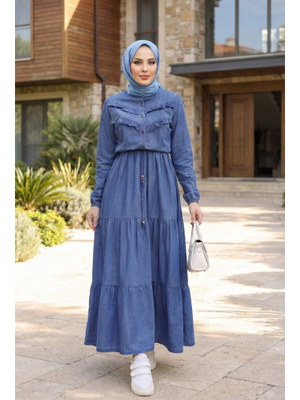 Fırfır Detaylı Bağcıklı Koyu Kot Mavi Denim Elbise