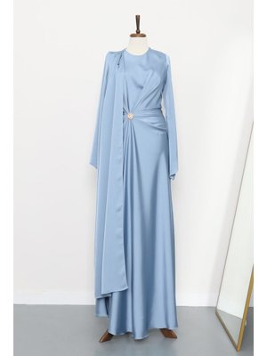 Bebe Mavi Önü Pelerinli Drapeli Saten Abiye Elbise