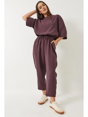 Patlıcan Kayık Yaka Yarım Kol Bluz Beli Lastikli Şalvar Pantolon Alt Üst Takım