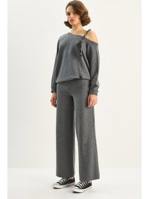 Antrasit Şal Aksesuarlı Tek Omuz Üst Bol Pantolonlu Selanik Takım