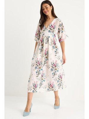 Pembe V Yaka Bel Detaylı Geniş Kollu Çiçek Desenli Keten Dokulu Astarlı Elbise Bej