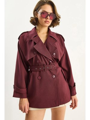 Bordo Ekose Astarlı Apolet Detaylı Kemerli Allerli Kruvaze Trençkot