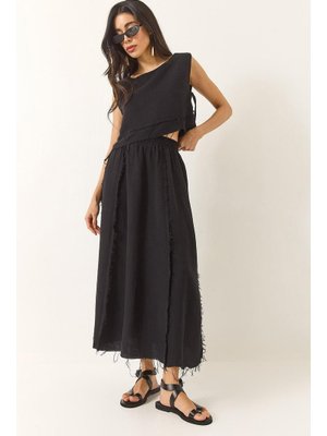 Siyah Beli Lastikli Etek Yandan Bağlama Detaylı Crop Müslin Alt Üst Takım