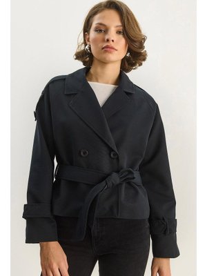 Siyah Apoletli Kuşaklı Astarlı Kısa Trençkot